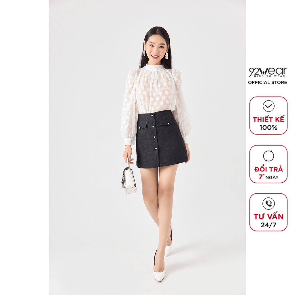 Áo sơ mi nữ dài tay cổ tròn 92WEAR, thiết kế tay bồng tiểu thư, chất liệu voan hoạ tiết cao cấp ASA1786
