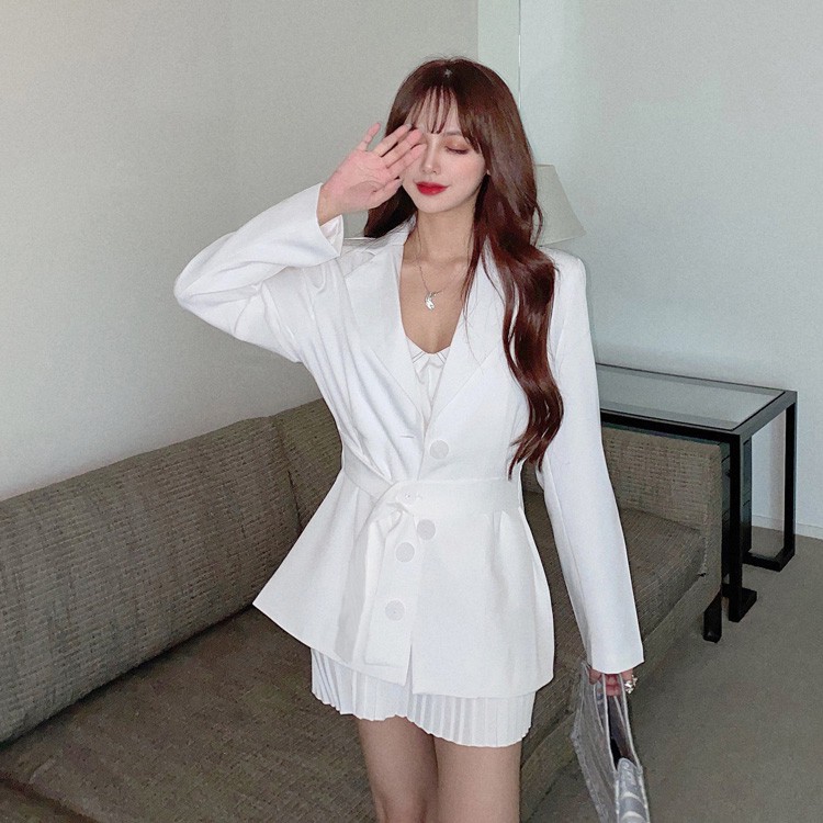 Set Đầm Voan Sát Nách Màu Trắng + Áo Khoác Blazer Thời Trang Cho Nữ Size L-4Xl