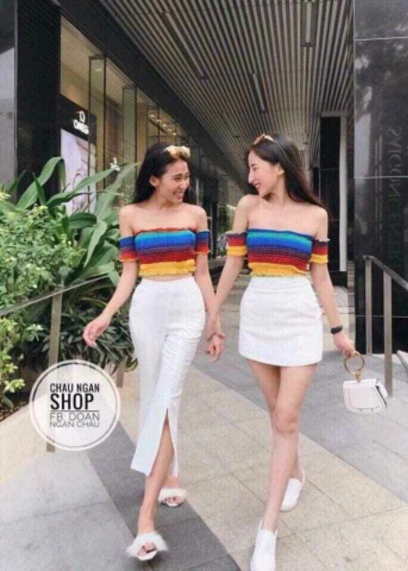 Áo trễ vai croptop cầu vòng hàng Quảng Châu