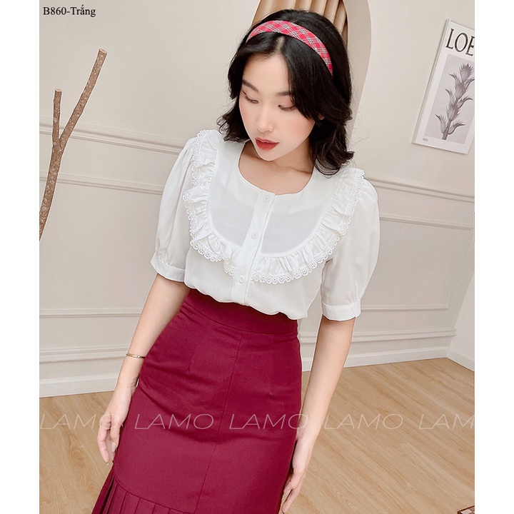 Áo kiểu nữ bèo phối ren vải đũi LAMO-B860