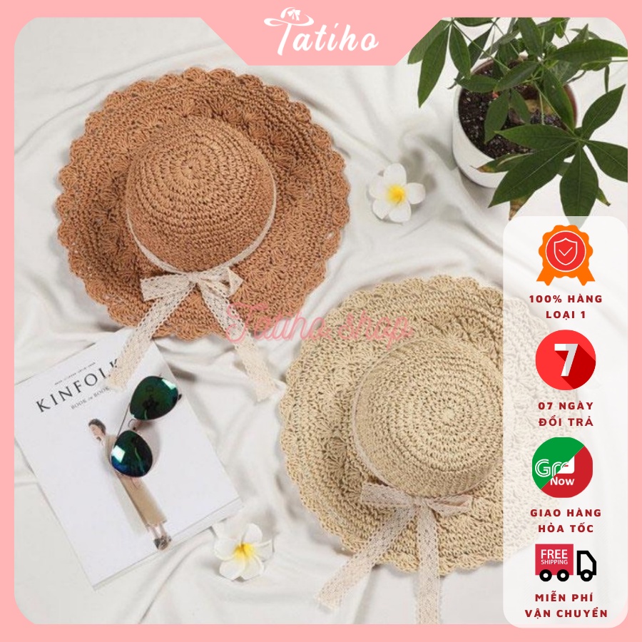 [Hàng Xịn,Giá Tốt] Mũ Cói, Nón Cói Vành Rộng Phối Dây Ren Nơ Đi Biển Rento Phong Cách Nhật Bản - Mã NC009
