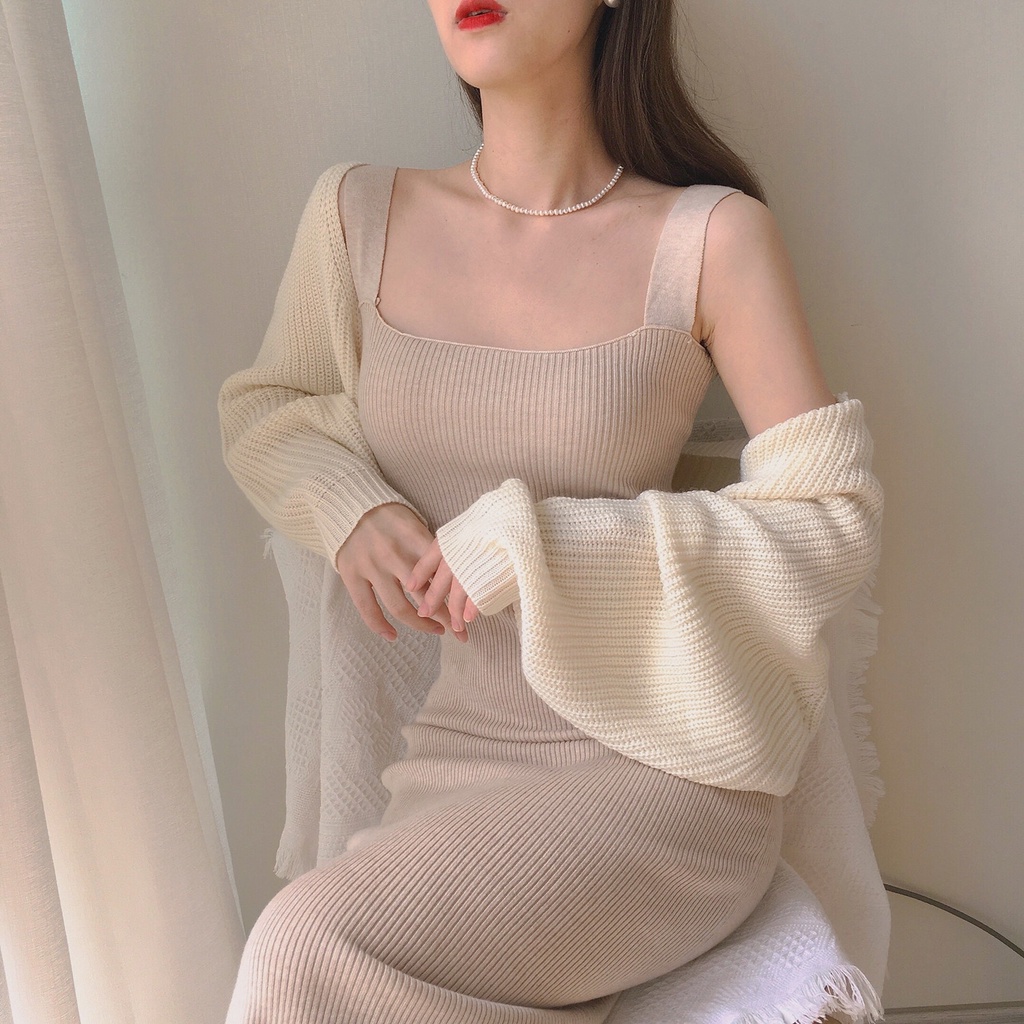 Đầm Dệt Kim Không Tay Cổ Vuông Màu Đất Ôm Dáng Cho Nữ