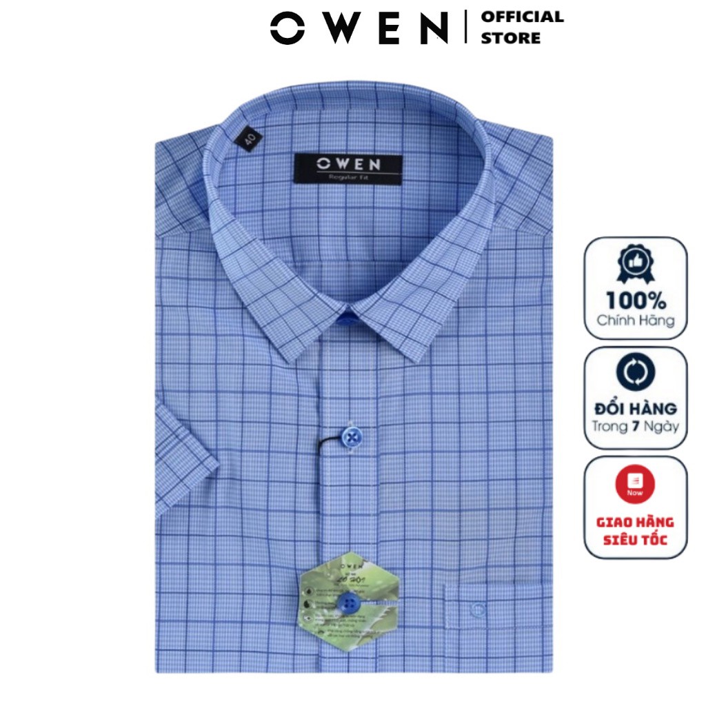 Áo Sơ Mi Nam Ngắn Tay Owen AR22947NT Somi Cộc Tay Công Sở Cao Cấp Màu Xanh Kẻ Caro Vải Lô Hội Mềm Mát Dáng Suông Có Túi