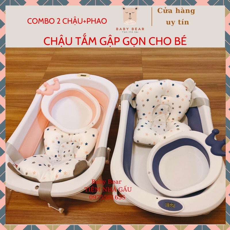 [2 MẪU] Chậu tắm gập gọn kèm nhiệt kế đo nước cao cấp cho bé có bán kèm phao và chậu rửa mặt  vương miện