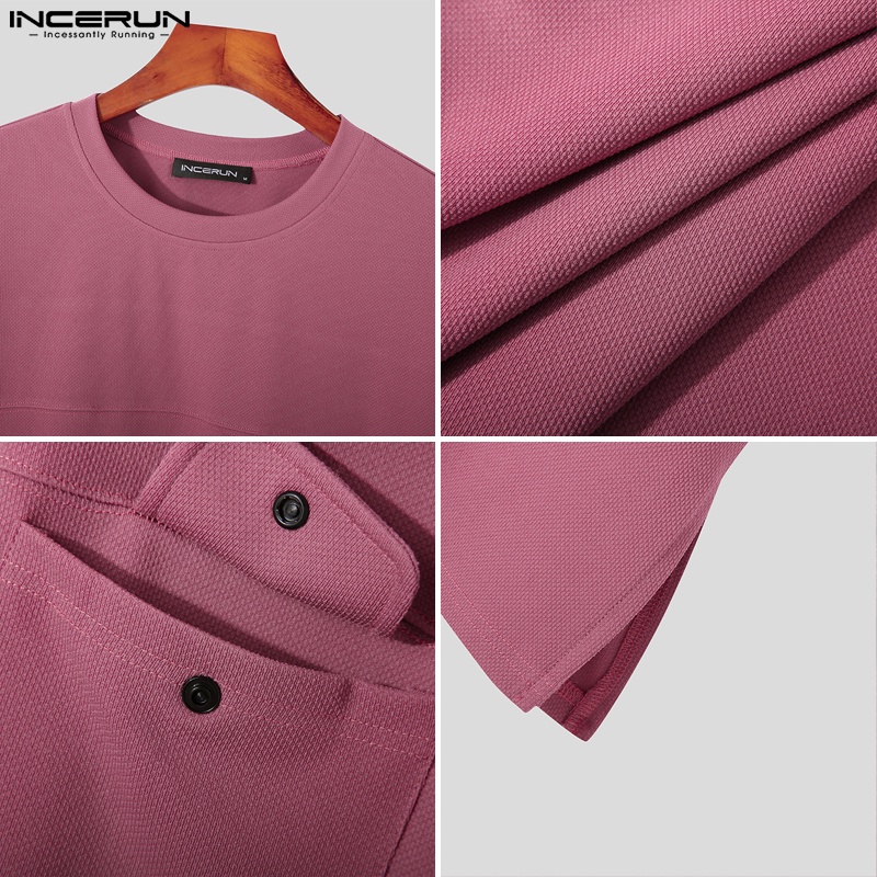 Áo thun INCERUN tay ngắn cổ tròn dáng rộng phối lưới ngọc trai phong cách Hàn Quốc độc đáo cho nam