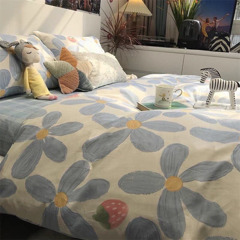 Set Bộ Vỏ Cotton Living Hoa Xanh 5 Cánh, Chất Cotton Thoáng Mát, Thấm Hút Tốt_shinbedding