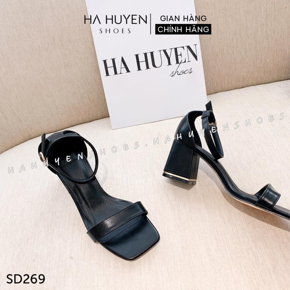 VIP Sandal cao gót nữ Hà Huyền Shoes da quai ngang khóa cài cổ gót vuông viền vàng 5 phân - SD269