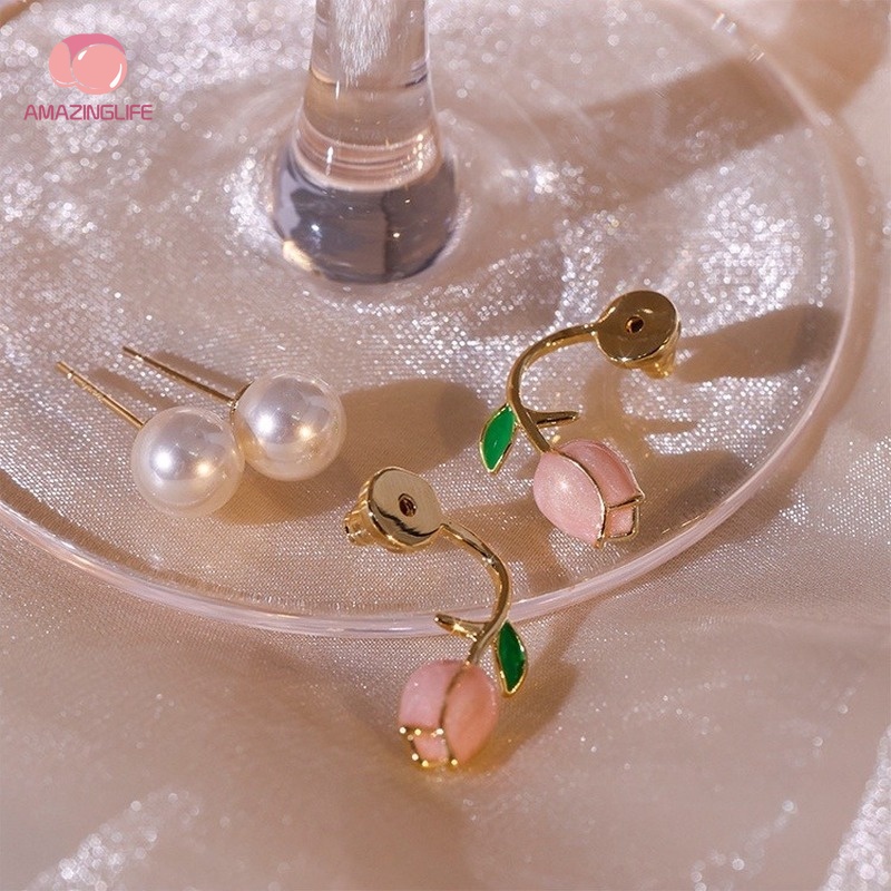Bông Tai Hình Hoa Tulip Đính Ngọc Trai Giả Sang Trọng Cho Nữ