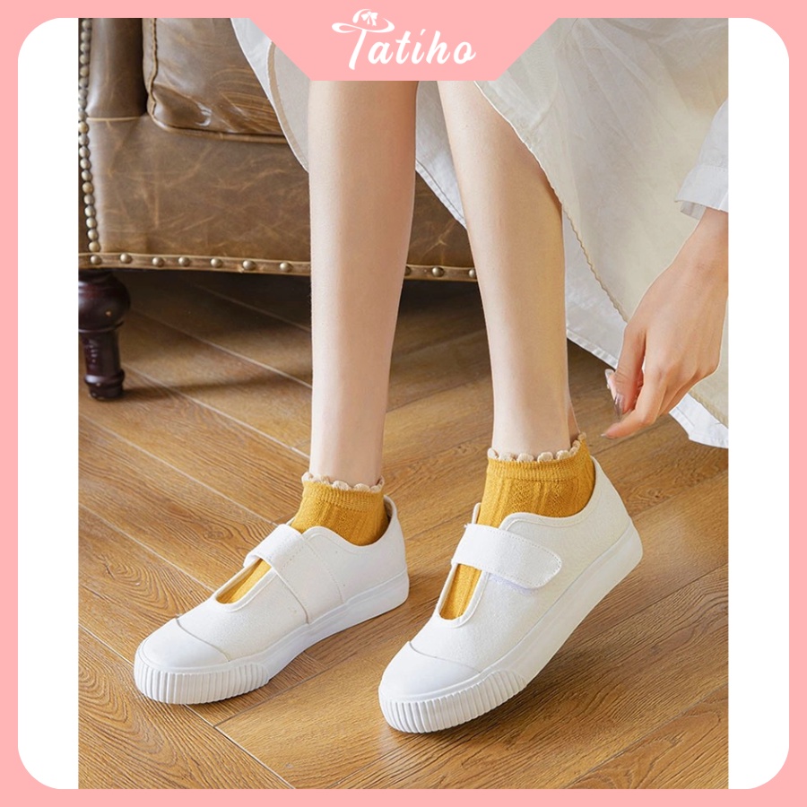 Vớ Tất Nữ Unisex Ren Cổ Thấp Chất Cotton Dày Dặn Họa Tiết Trơn Phối Cổ Nhúng Bèo Phong Cách Basic Thời Trang - Mã TV008