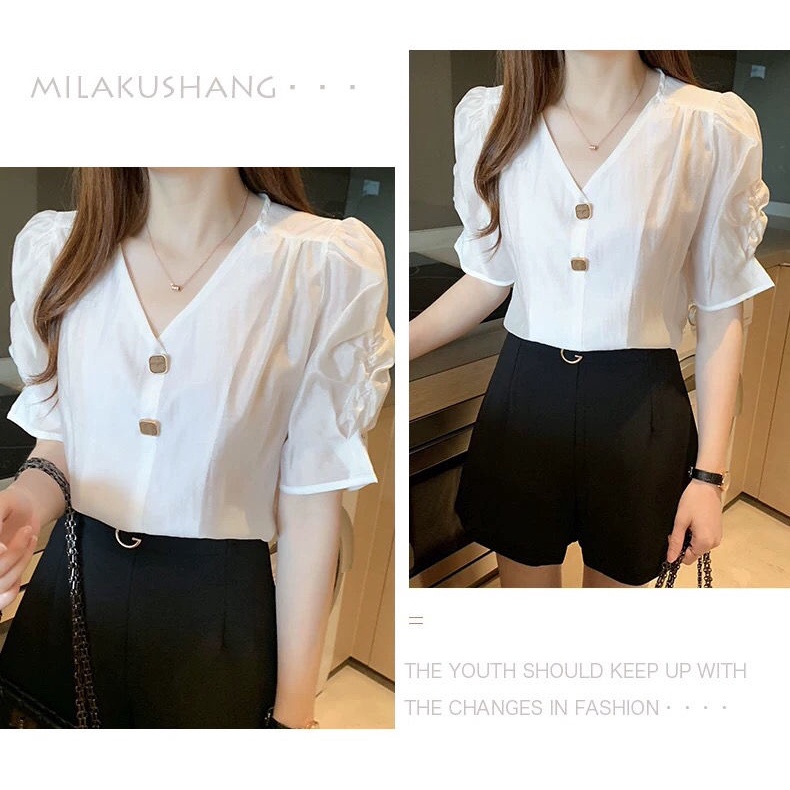 Áo Sơ Mi Chiffon Tay Phồng Cổ v Dáng Rộng Thời Trang Mùa Hè Hàng Mới Dành Cho Nữ 2022