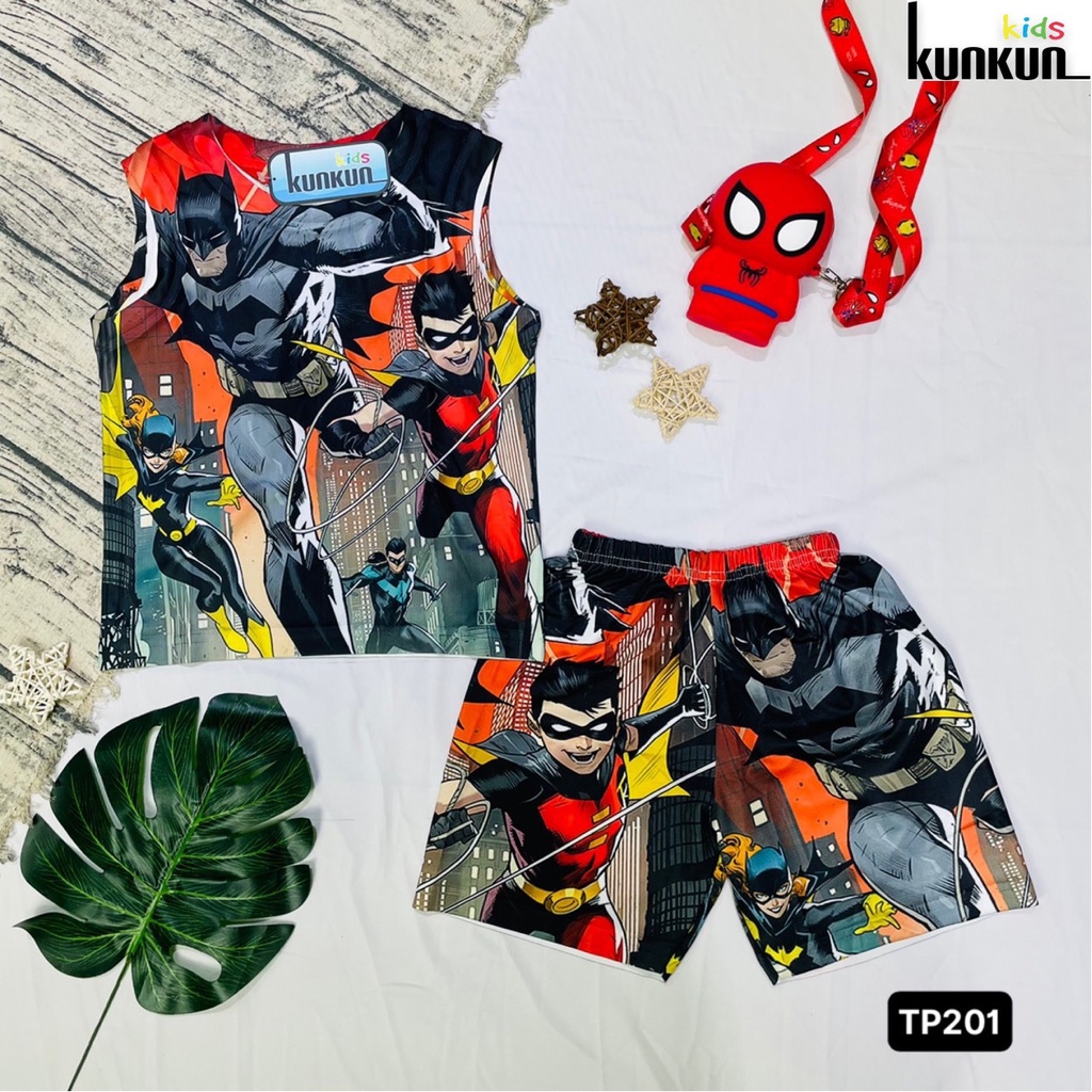 Quần áo trẻ em in 3D người dơi batman size đại từ 10-60kg KunKun BL201 - Bộ ba lỗ bé trai thun lạnh co giãn 4 chiều