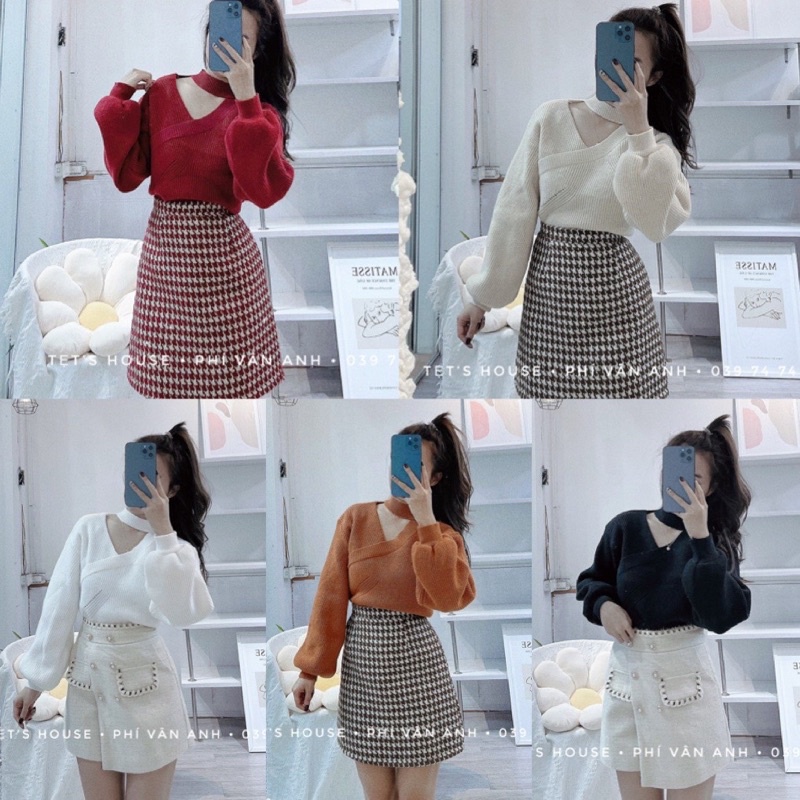 [SẴN HÀNG] Áo len choker lệch vai dáng croptop hàng đẹp
