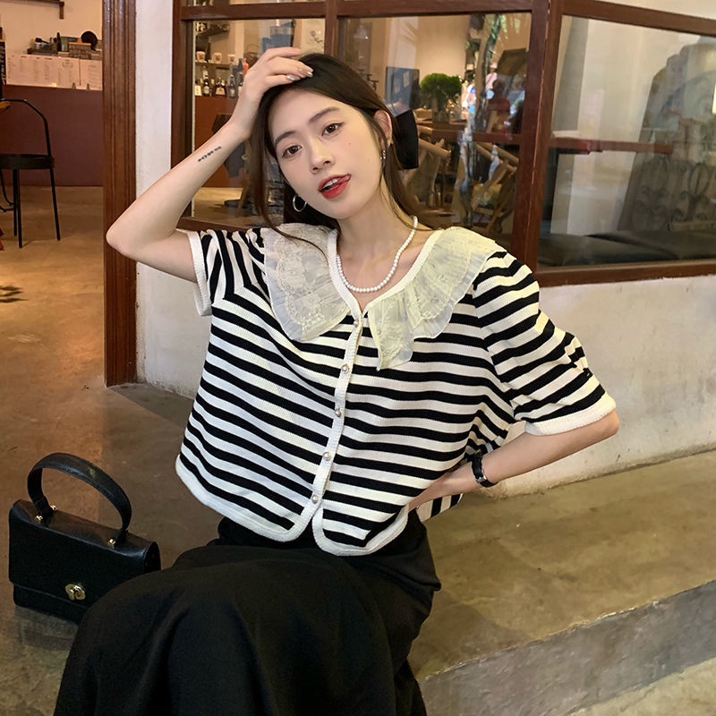 Áo Thun Ngắn Tay Cổ Búp Bê Phối Lưới Kẻ Sọc Phong Cách Hàn Quốc Cổ Điển Thời Trang Cho Nữ