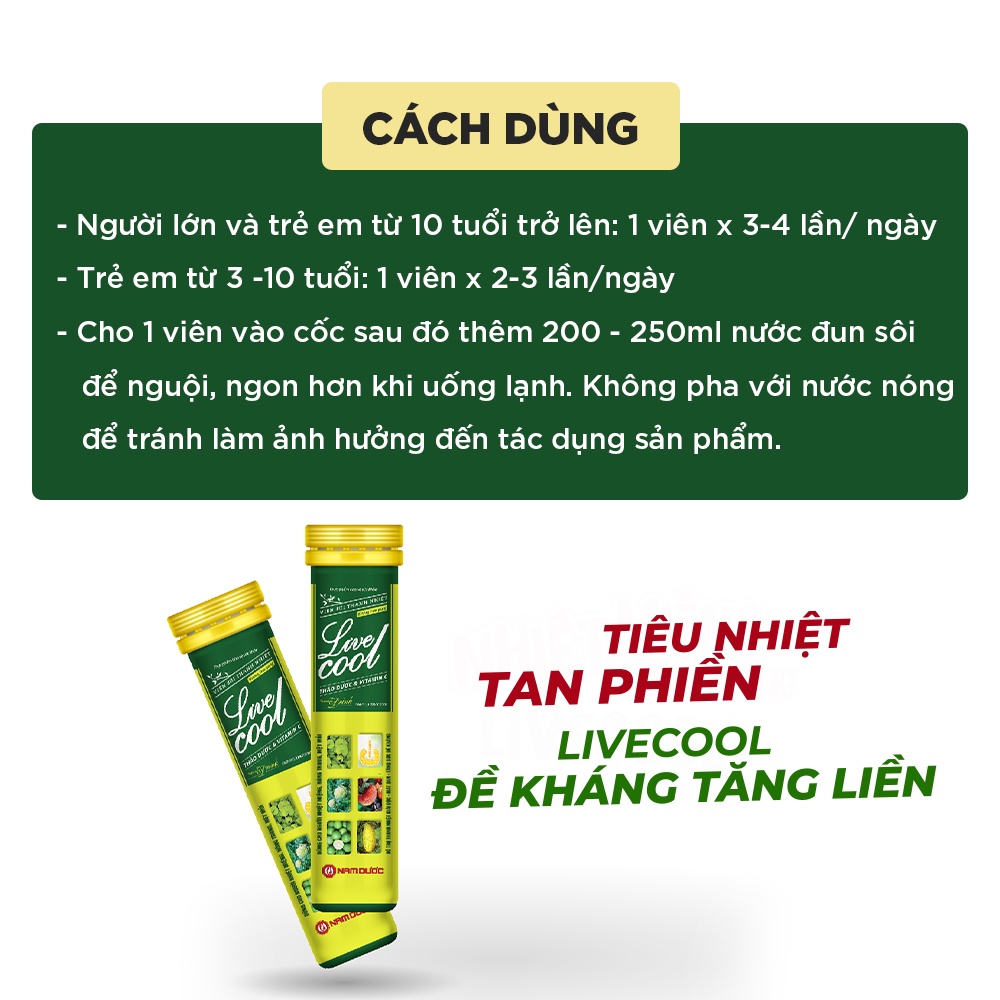 Viên sủi thanh nhiệt Livecool Nam Dược hương dưa gang 16 viên x4g hỗ trợ giảm nhiệt miệng nóng trong, giải độc, mát gan