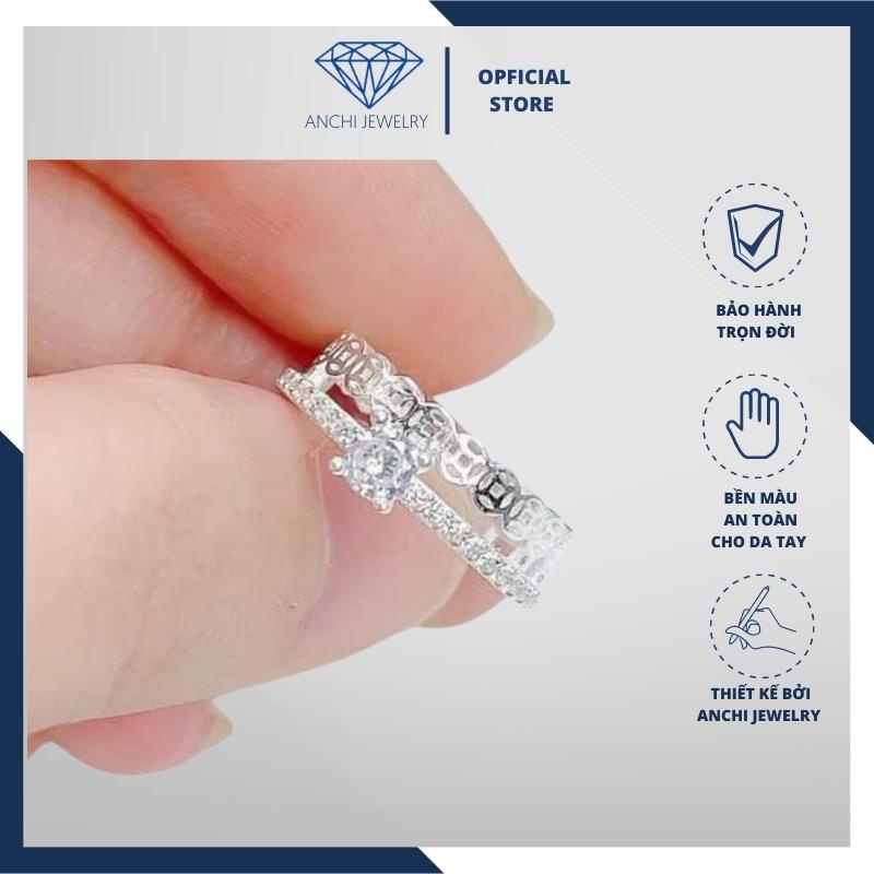 Nhẫn kim tiền 2 vòng đính đá, chuẩn bạc ta nguyên chất cho nữ, Anchi jewelry