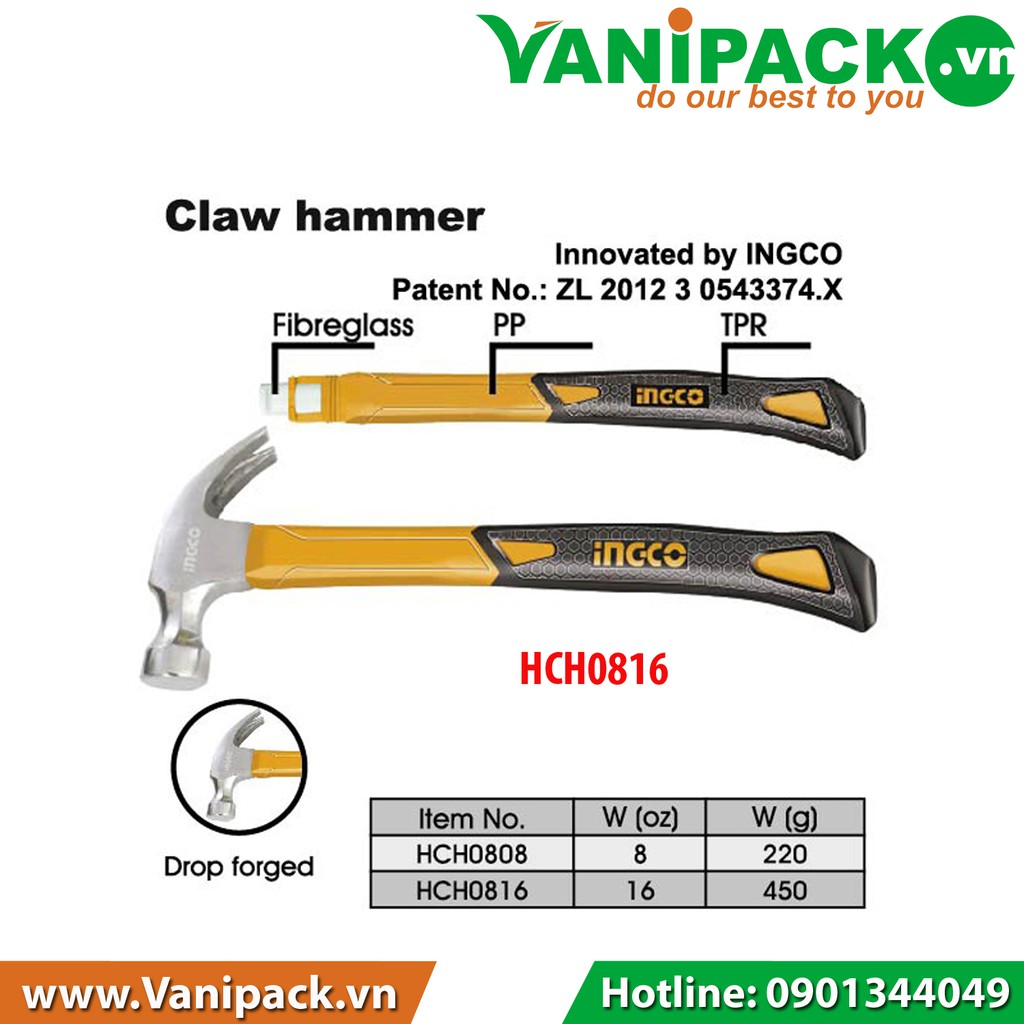 Búa nhổ đinh Ingco HCH0816 450g