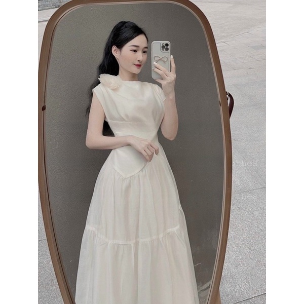 Váy tơ tay liền tiểu thư kèm tag hoa màu nude V298 fullsize AĐ BOUTIQUE