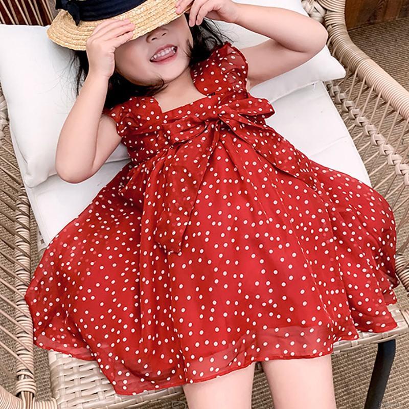 Đầm Chiffon Chấm Bi Đỏ Cho Bé Gái