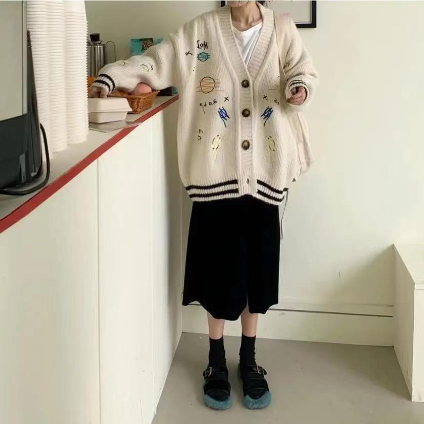 Áo Khoác Cardigan Dệt Kim Dáng Rộng In Họa Tiết Phong Cách Hàn Quốc Thời Trang Cho Nữ