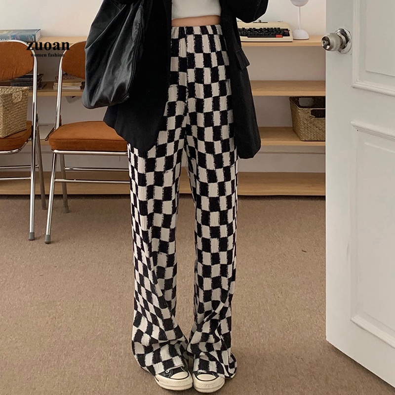 SUXI Quần dài ống rộng họa tiết caro thời trang phong cách Hàn Quốc cho nữ