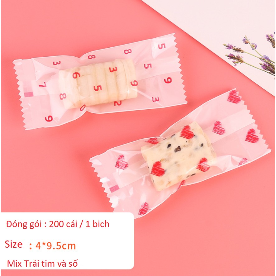 Túi Kẹo Nougat  túi Kẹo Sữa trái tim +  số (200c/bịch) SIZE MINI 4 x 9.5 CM