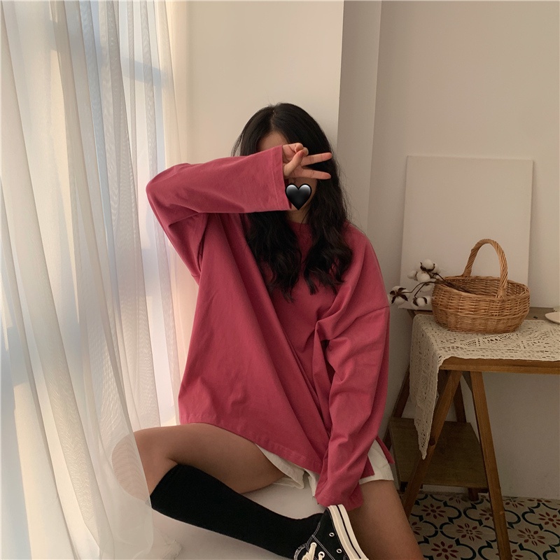 Áo Thun Tay Dài Cổ Tròn Dáng Rộng Xẻ Tà Cá Tính Cho Nữ