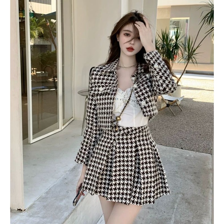 (SẴN) LalaClothing Bộ dạ ngắn họa tiết kiểu răng sói chuẩn loại đẹp