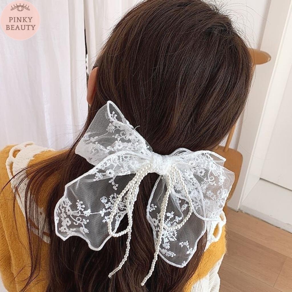 Kẹp Tóc Hình Nơ Phối Ren Đính Ngọc Trai Nhân Tạo Kẹp Nơ Tiểu Thư Phong Cách Hàn Quốc Xinh Xắn Dễ Thương - Pinky Beauty