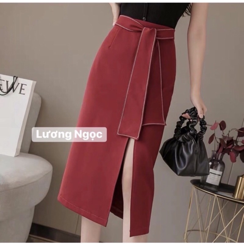 Chân váy chữ A dáng dài thắt nơ xẻ trước dài 70cm