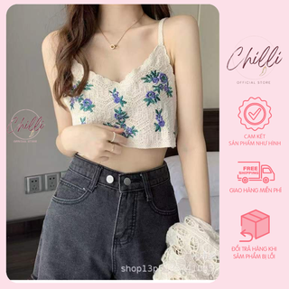 Áo hai dây lưới đan móc hoa đỏ đi biển, mix váy áo vintage P587
