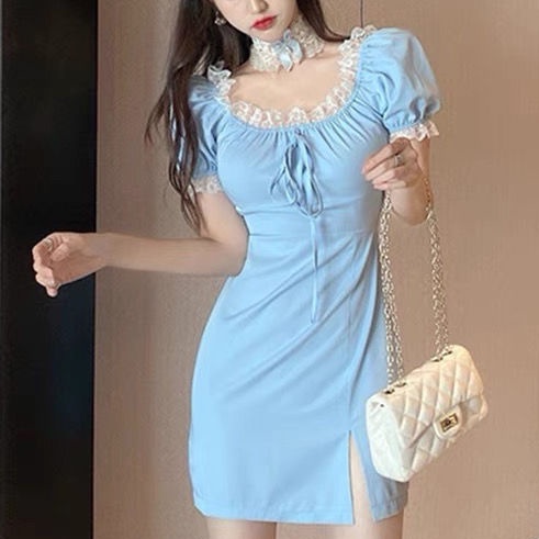 Đầm Tay Phồng Phối Ren Thắt Nơ Phong Cách Hàn Quốc Mới