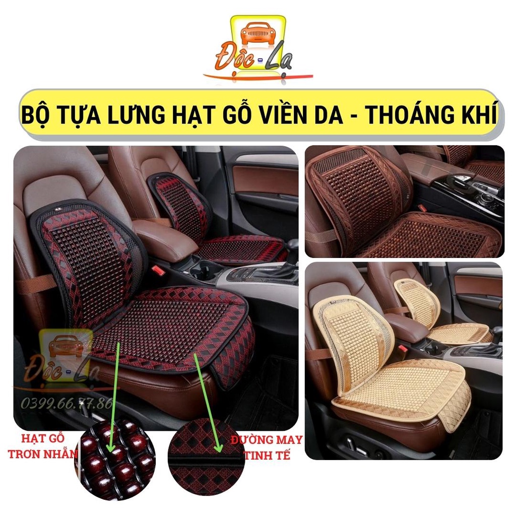 Bộ tựa lưng kèm lót ghế hạt gỗ phối viền da cao cấp dùng cho ô tô - văn phòng chống đau mỏi lưng