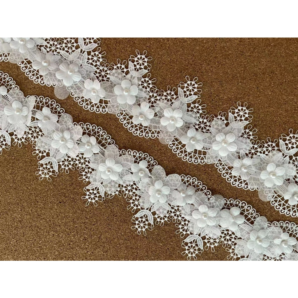 Dây Ruy Băng Vải Ren Cotton Trắng Rộng 7Cm Thêu Họa Tiết Hoa Tinh Tế Trang Trí Cổ Áo / Rèm Cửa / Sofa