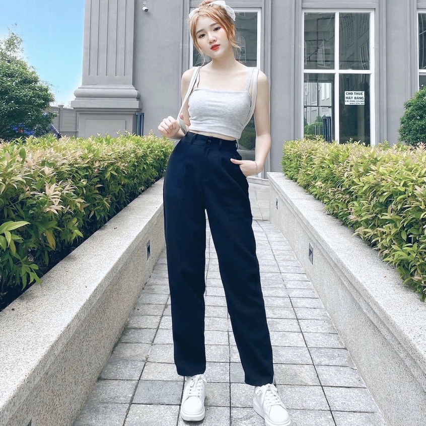 Quần tây nữ lưng cao đi học dáng dài màu xanh đen cạp có đai ống đứng Quần tây baggy nữ cạp cao đi học sinh cấp 2 3 đẹp