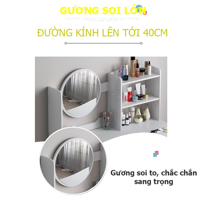 Bộ bàn ghế trang điểm tích hợp kệ để đồ, chân gỗ tự nhiên tiện tròn 5cm dài 73cm -lắp đặt sẵn pát sắt vào mặt bàn và ghế | BigBuy360 - bigbuy360.vn