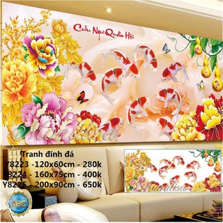 tranh đính đá cửu ngư quần hôi kt 200x90cm