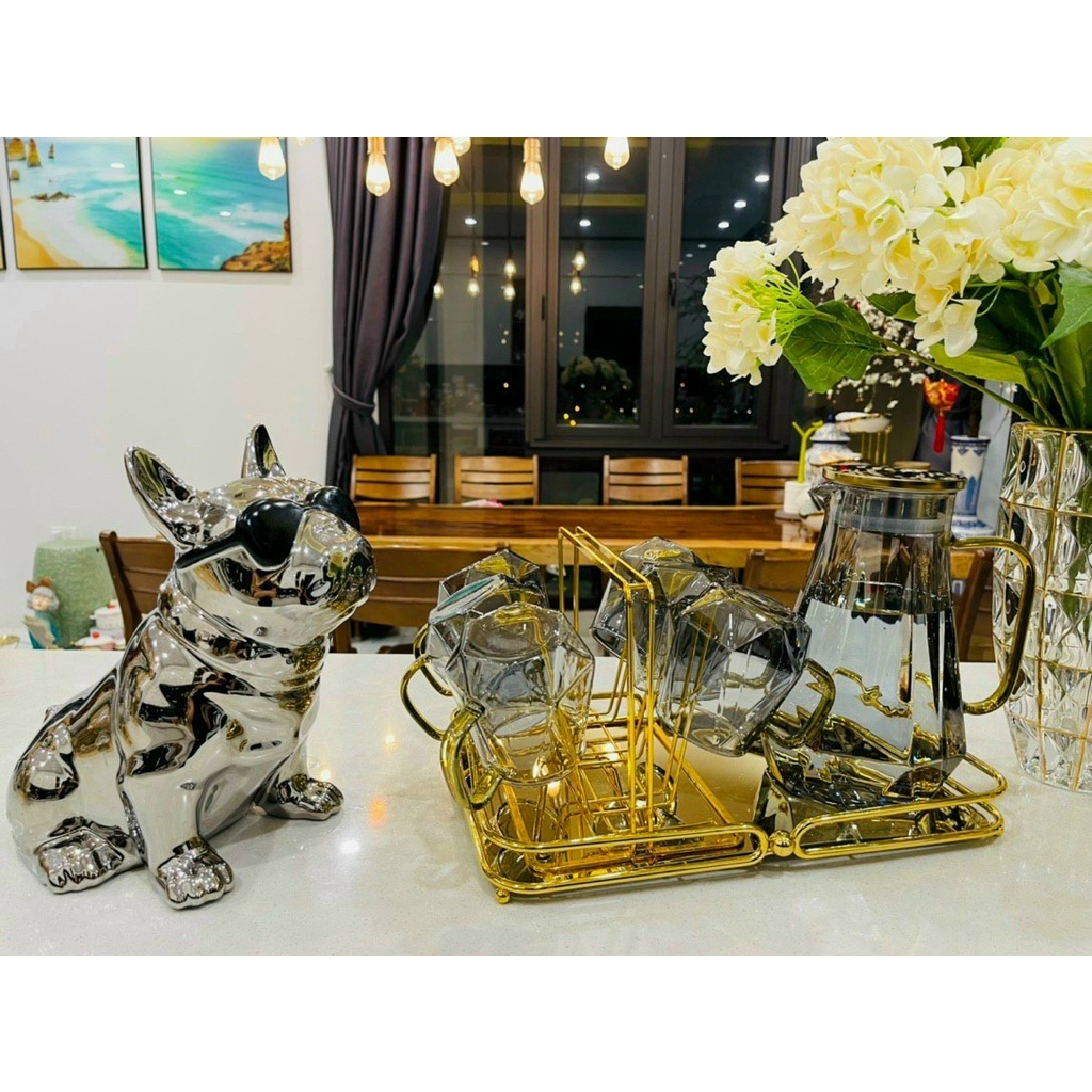 [HÀNG CAO CẤP]Bộ bình 6 Cốc-Ly Thủy Tinh Luxury Crystal Diamond Tráng Bạc Chịu Nhiệt 400 Độ C