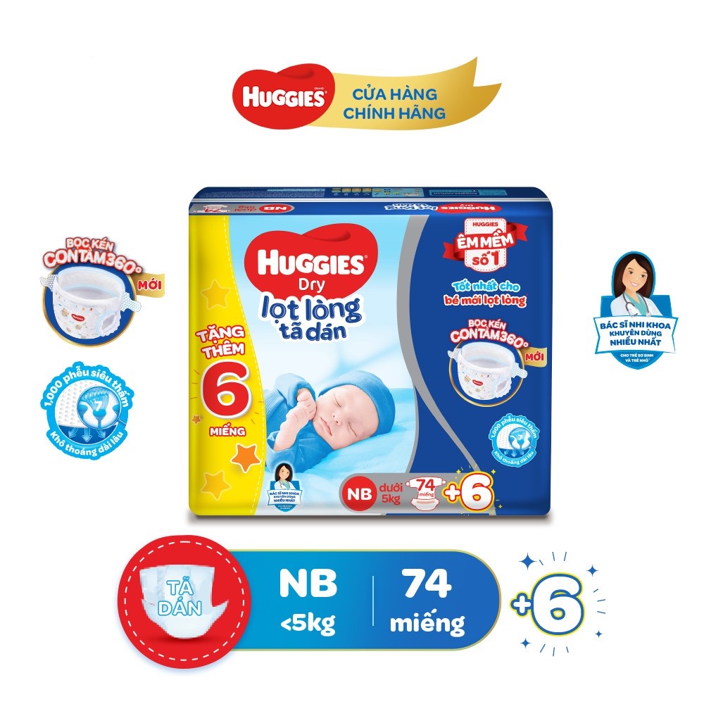 Tả dán Huggies sơ sinh nb74 miếng tặng 10 miếng,huggies dán cho bé sơ sinh dưới 5kg bọc kén con tằm 360