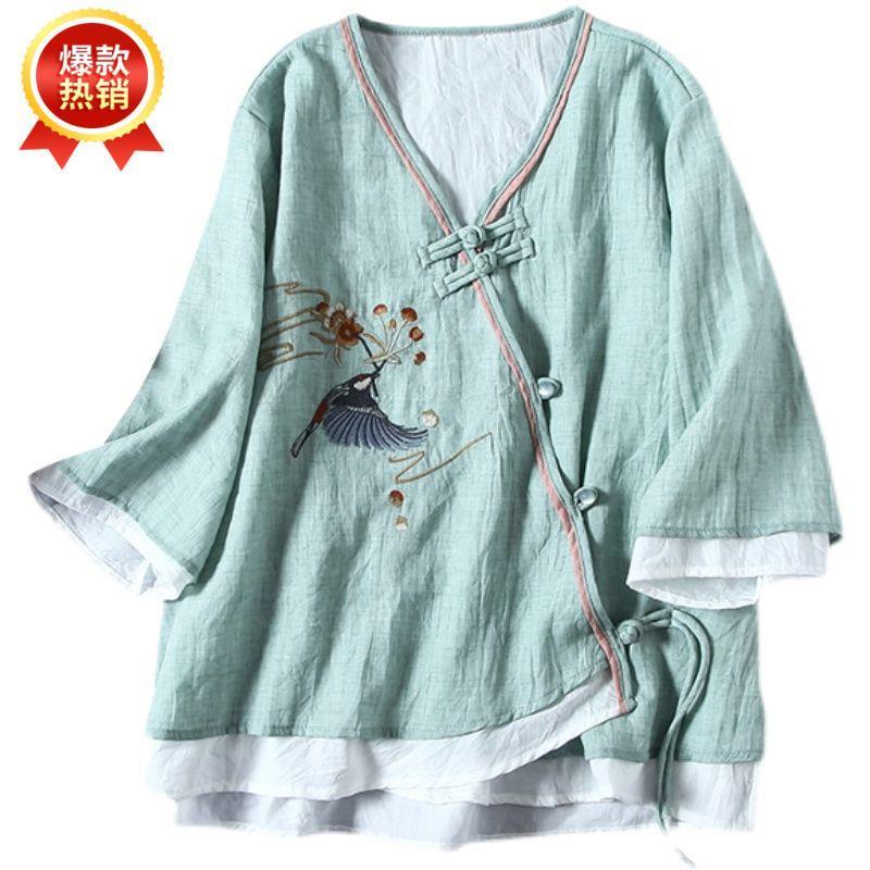 Áo Sơ Mi Mùa Hè 2022 Cotton Lanh Cổ Chữ V Tay Lửng Cài Nút Chéo Thêu Hoa Phong Cách Trung Hoa Cổ Điển Dành Cho Nữ 2022
