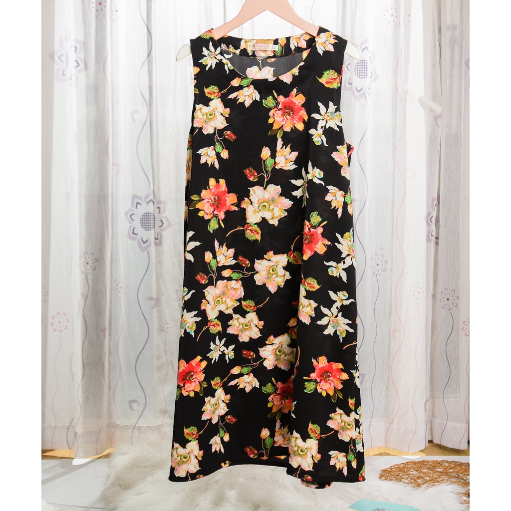 Đầm sát nách nữ mặc nhà chất lụa tuyết siêu mát hoa văn dáng dài-Đầm chữ A trung niên Chibishopsince2018