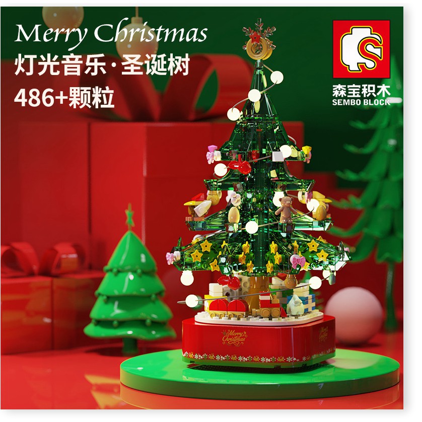 Senbao 601097 Âm nhạc Khối xây dựng cây thông Noel Đèn xoay Chế độ xem phố Trang trí sáng tạo Đồ chơi lắp ráp Quà tặng n