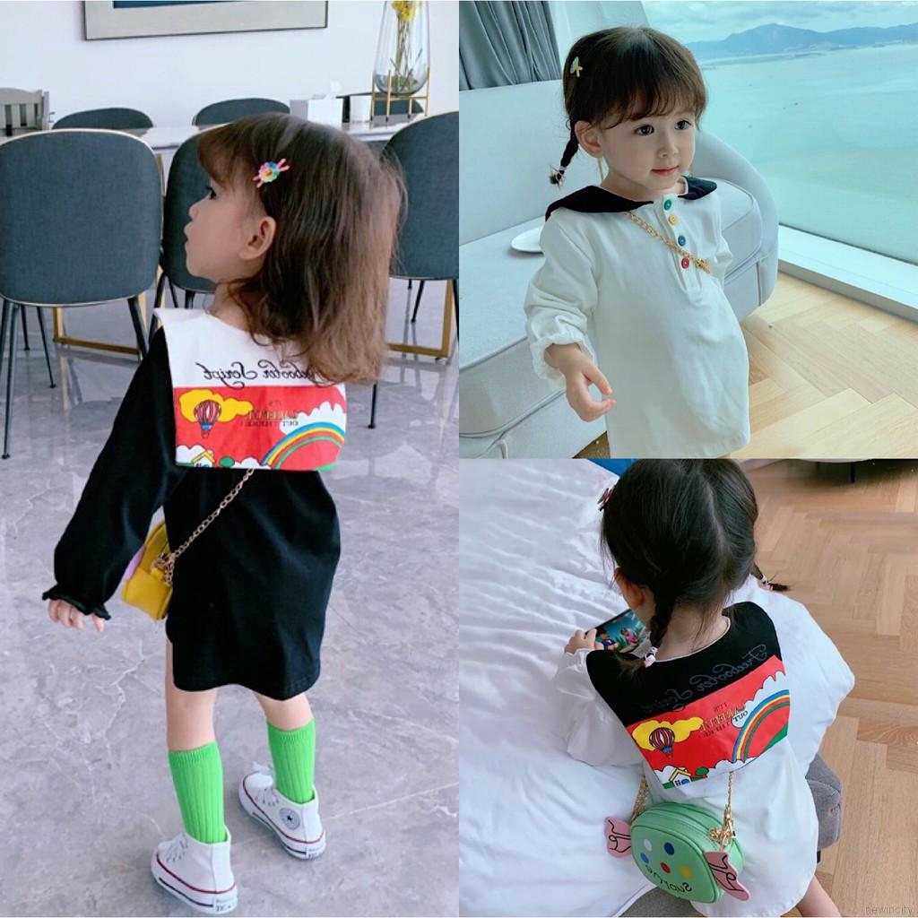 Đầm tay dài hoạ tiết hoạt hình phong cách Hàn Quốc cho bé gái