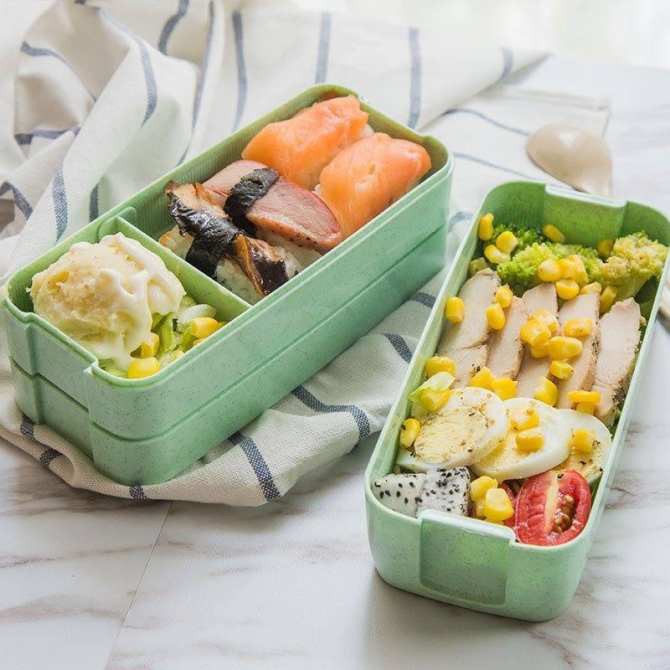 Hộp cơm lúa mạch 3 tầng hình chữ nhật kèm bộ đũa thìa inox có hộp đựng hoạt hình