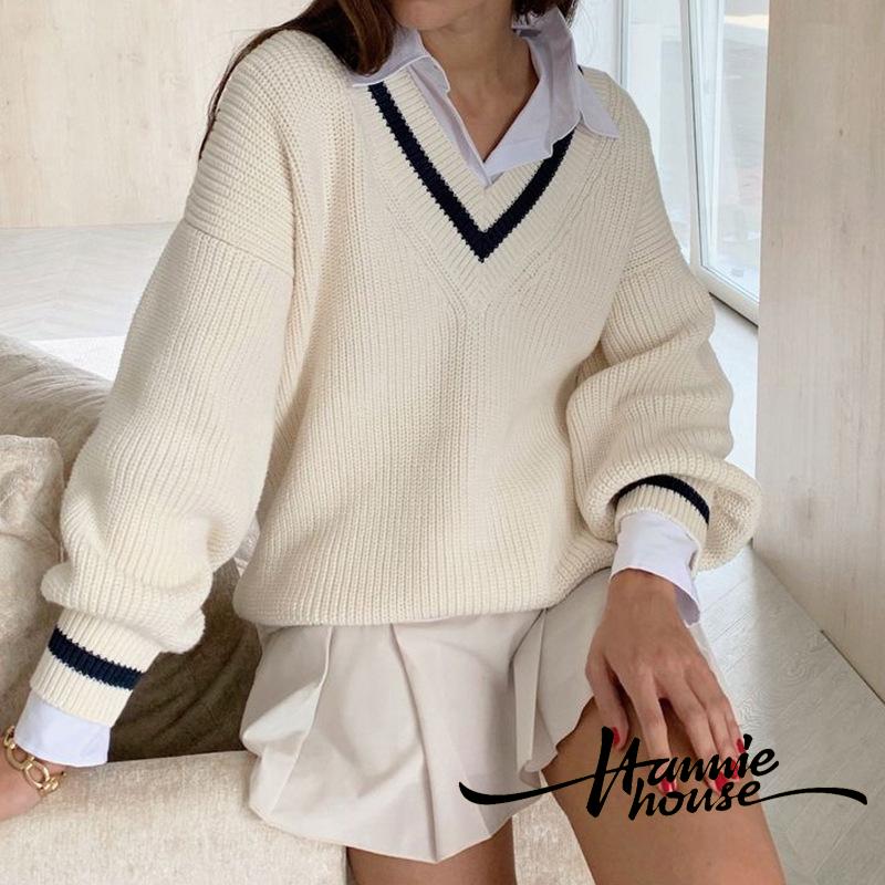❥Only➢Women Color Block Sweater, Autumn Adults Loose Long Sleeve V-neck Pullover (White) | BigBuy360 - bigbuy360.vn