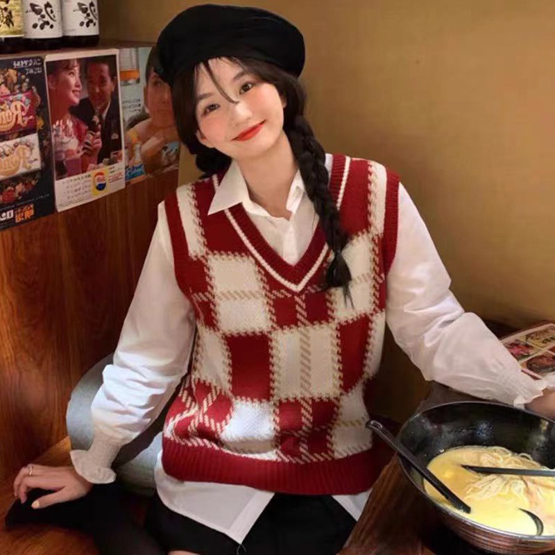 Áo len không tay cổ chữ V họa tiết sọc caro thời trang cho nữ