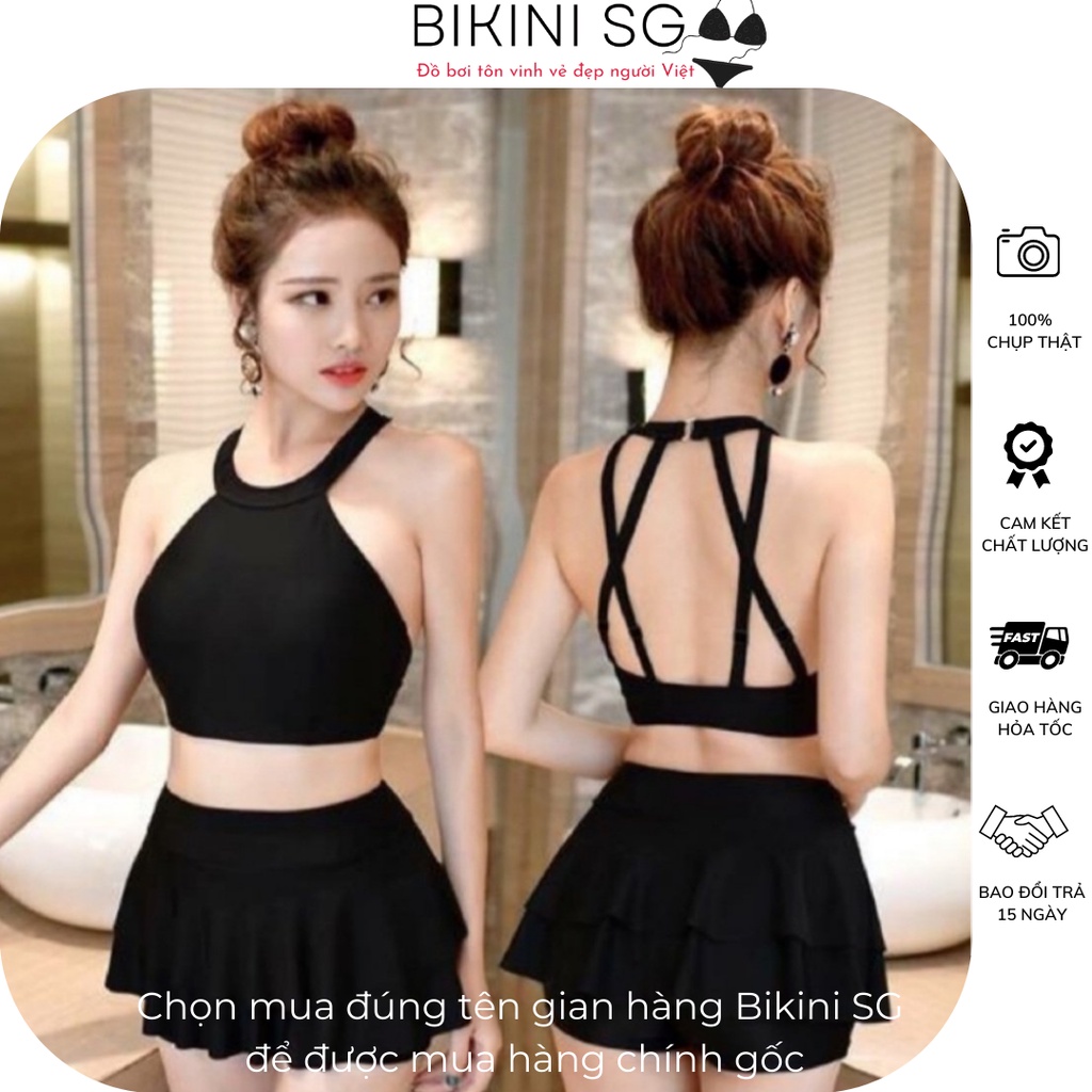 Sale Đồ bơi nữ bikini yếm cổ cao dây đan lưng đủ màu phối chân váy 2 tầng đi biển đẹp BIKINI SÀI GÒN
