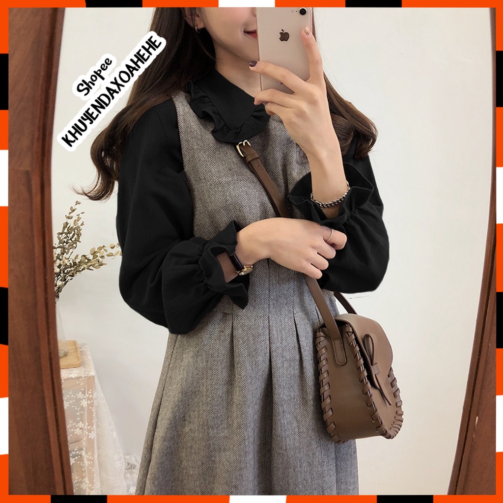 A002 Áo sơ mi nữ đen kiểu Hàn Quốc cổ bèo tay bồng tiểu thư nữ tính, áo ulzzang thô đũi vintage retro lolita búp bê JK | BigBuy360 - bigbuy360.vn