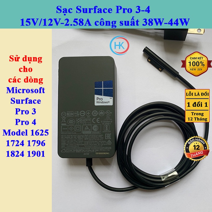 Sạc Surface Pro 3-4 15V/12V-2.58A 30W-38W-44W Microsoft Surface Pro 3 Pro4 Model 1625 1724 1796 1824 1901