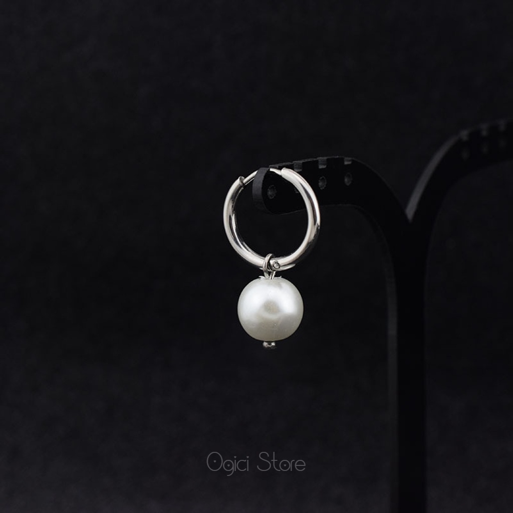 Bông tai, Khuyên tai nam nữ thép không gỉ dáng tròn thả ngọc trai sành điệu phong cách âu mỹ cá tính, Unisex, 1 chiếc