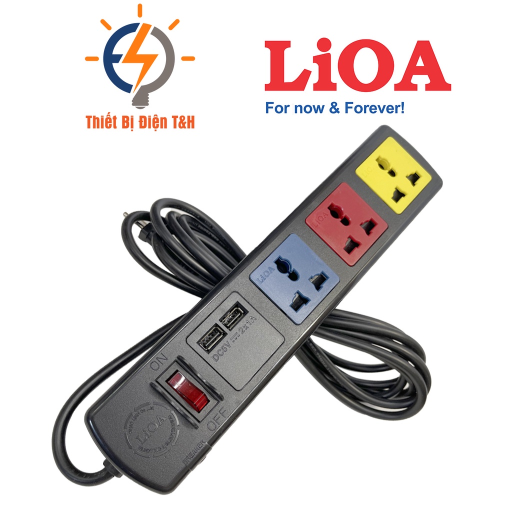 Ổ cắm điện USB, ổ cắm kéo dài đa năng LIOA, 2200W, 4 ổ cắm, 1 công tắc, 2 USB, dây dài 3M, 4D32NUSB